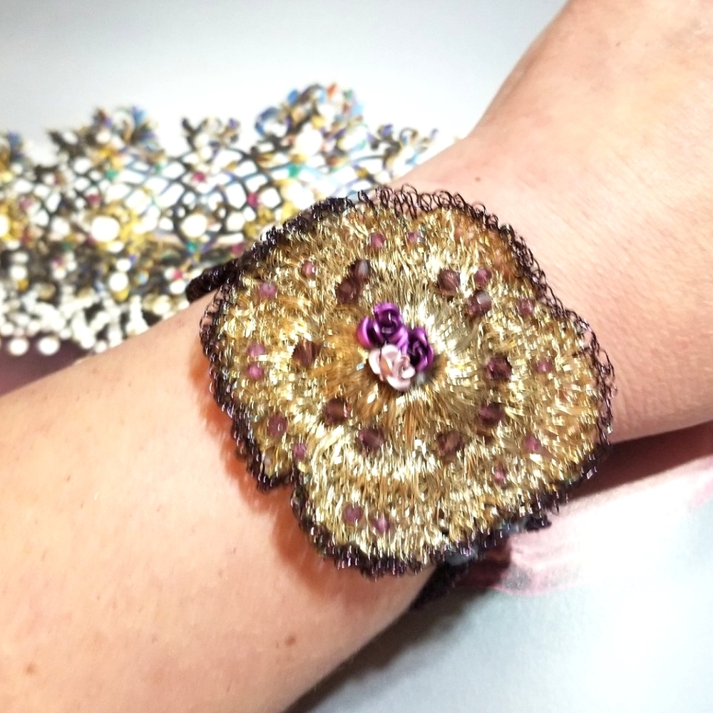 Antique Spun Sterling Silver Crystal Flower Bracelet
